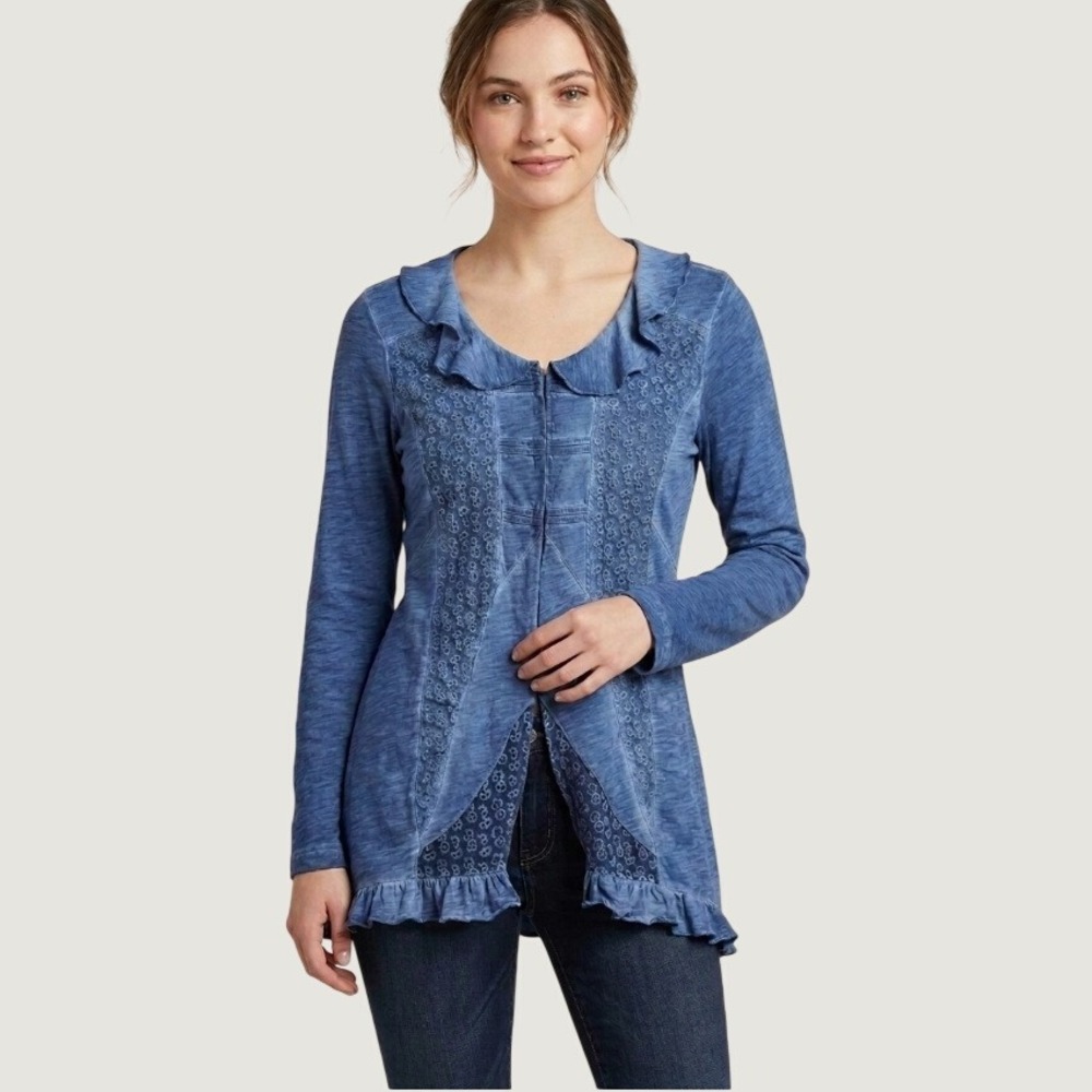 Joe Browns Blue Lace Ruffle Front Hook Eye Cardigan Top Womens Size 8